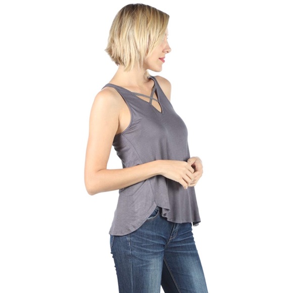Strappy Criss Cross Front and Back Drapey Tank Top Steel Grey - Picture 2 of 3